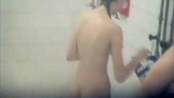 Really sexy stranger white ladies in the shower room filmed topless and nude