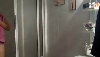 Chubby busty wife in bathroom drying