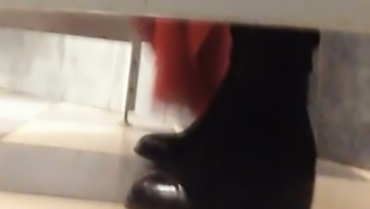 White amateur chick in black jeans filmed on the public restroom