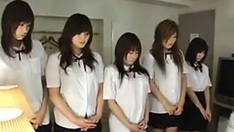 Sexy schoolgirls get naked and line up to take turns suckin