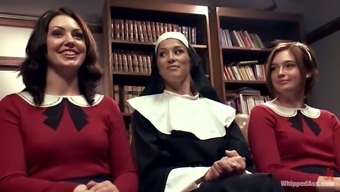 Sexy nun dominates two sexy babes in school uniform