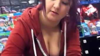 Big tits store worker cleavage