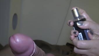 Teasing his cock and balls with vibrator.