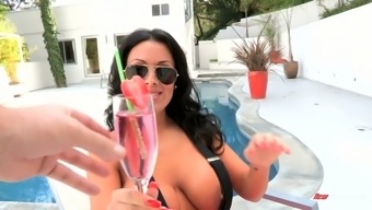Kinky super bosomy brunette MILF sucks strong cock at the pool party