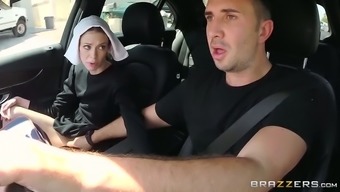 Slutty dark haired nun gives steamy deep throat to her friend in car