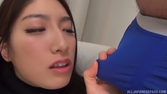 Japanese woman makes her pussy wet before sucking a dick