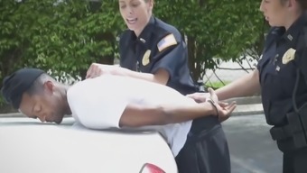 Busty cops takes long black dong in cunt outdoors