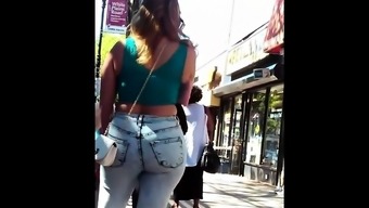 Sexy PAWG blonde in tight jeans at the bus station