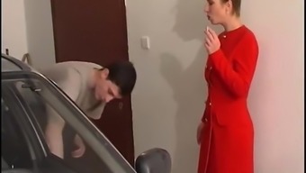 Busty mom Seduceding son while cleaning the car 