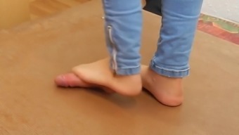 Cock crush in jeans with nylon socks and cumshot