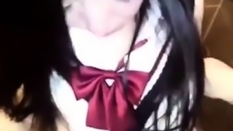 Chinese slut in schoolgirl outfit gets creampied on toilet