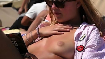 Sexy blonde lass Topless Beach Voyeur Public  naked