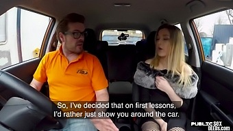 Smallboobs teen in stockings fucked in car by driving tutor