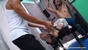 These ticklish guys keep coming back for a workout, and they sure do! This time, the cute Asian Idol holds on to the gym equipment to tickle every muscle on her Asian body.