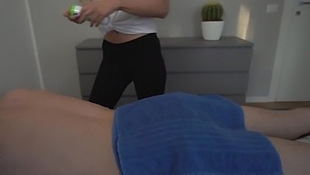 Fitness trainer gives client hands-on attention with breast milk and anal stimulation