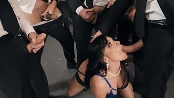 Mona Azar's big boobs and ass get covered in cum after a wild gangbang