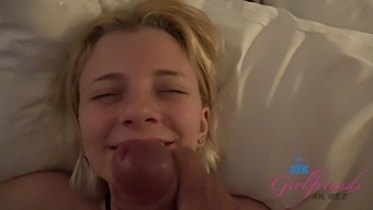 POV action with a sexy blonde bombshell taking on a big cock and getting facialed