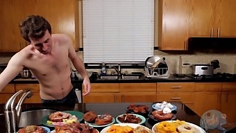 Gay man enjoys himself while making dinner in the background