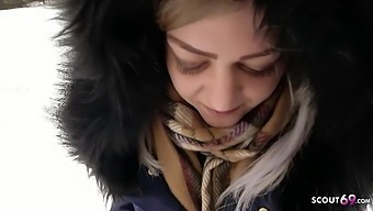 German POV video of a young girl giving a blowjob outdoors