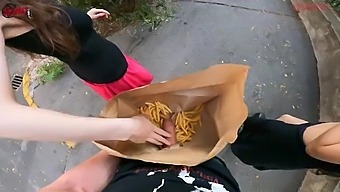 Double handjob in public and jerking off in the bag of chips