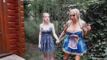 Two blonde babes get down and dirty with a guy in the great outdoors