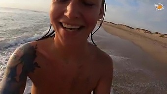 Hairy wet sex on the beach with a big-boobed MILF